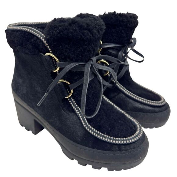 Tory Burch Winter Boots Size 6 Black Shearling Berkley Bootie Block Heel Lace Up - Picture 1 of 11